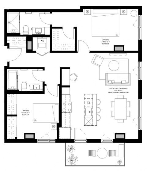 Floor plan for 2 beds, 2 baths, 1037 sqft